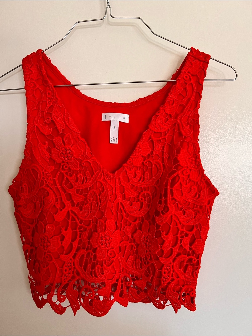 Lush Bright Red Floral Crochet V-Neck Crop Top